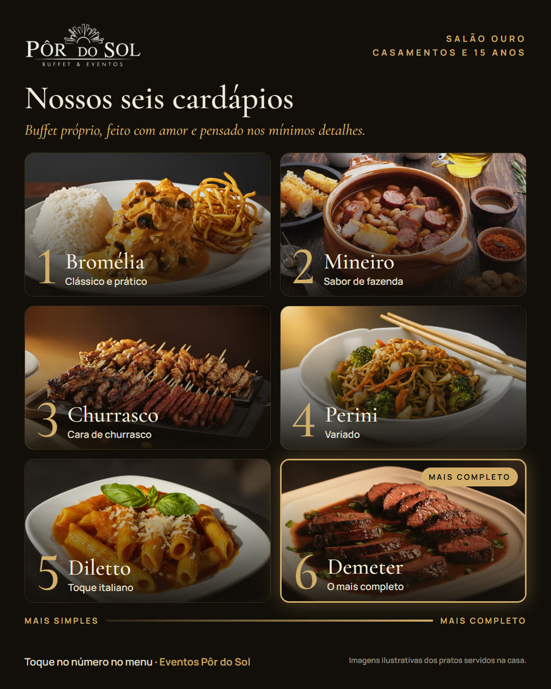 Os seis cardápios do Salão Ouro, numerados do mais simples ao mais completo